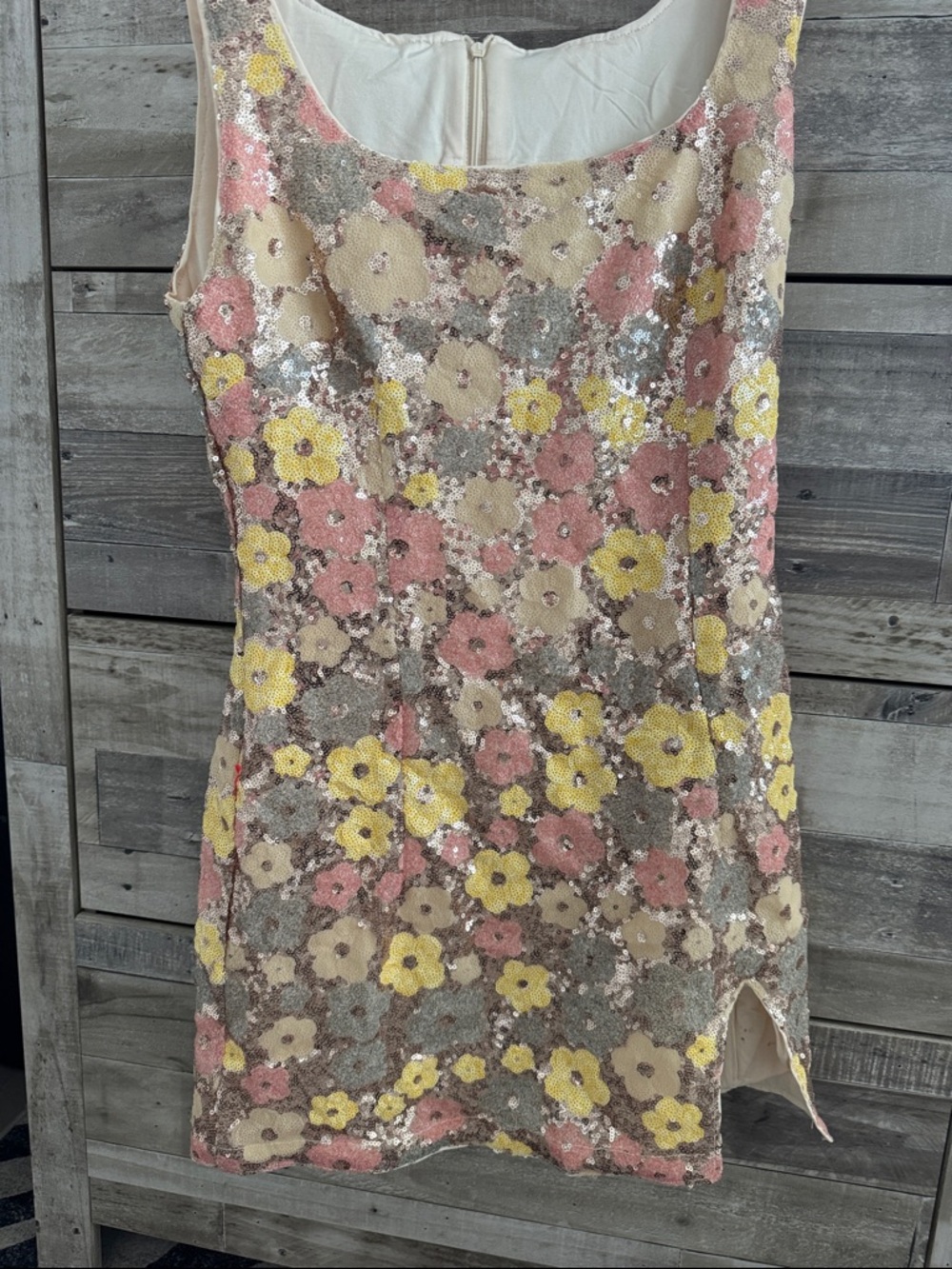 Sleeveless Sequin Floral Mini Dress in Pink, Yellow & Cream